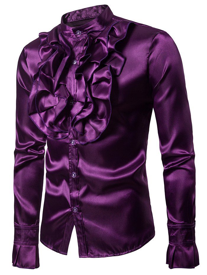 

Button Up Floral Ruffled Shirt, Purple