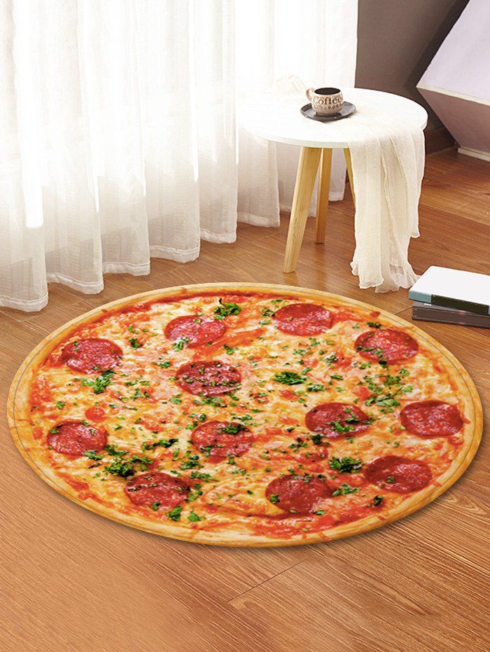 

3D Pizza Printed Decorative Round Floor Rug, Multi