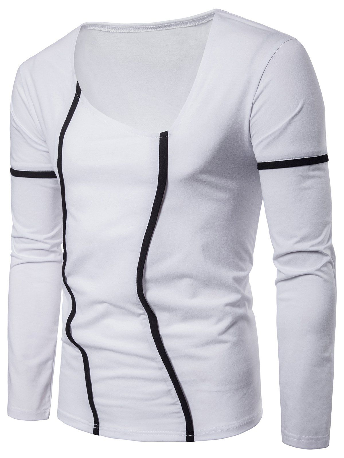 

Contrast Color Stripes Seams Detail Long Sleeve T-shirt, White