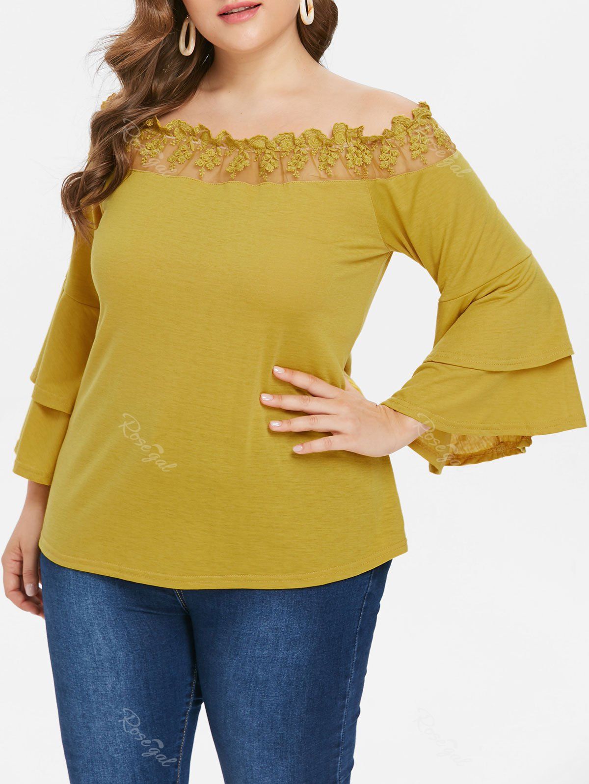 

Plus Size Tiered Sleeve Off Shoulder Blouse, Fall leaf brown