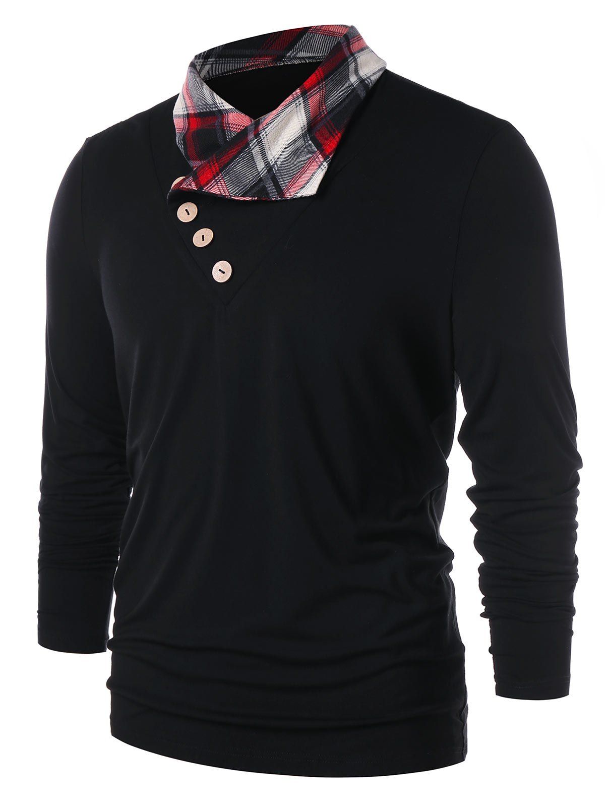 

Button Heaps Collar Plaid Trim T-shirt, Black