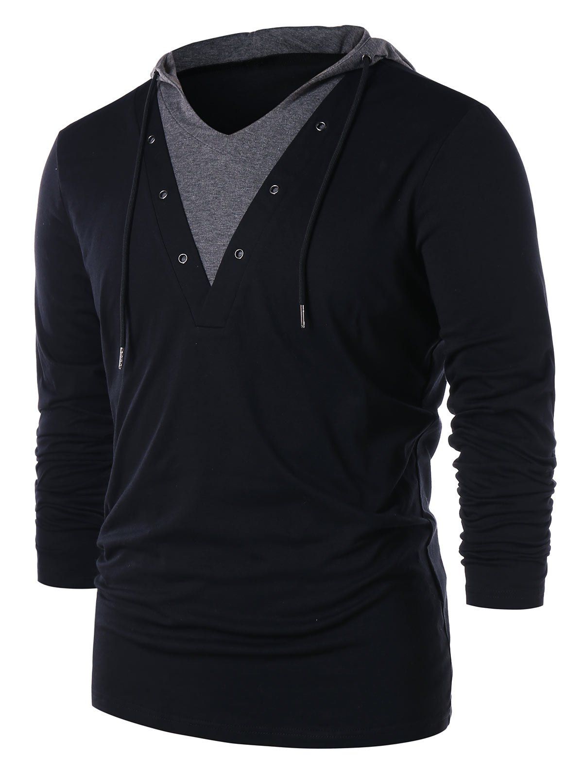 

Drawstring Faux Two Piece Panel Hoodie, Black