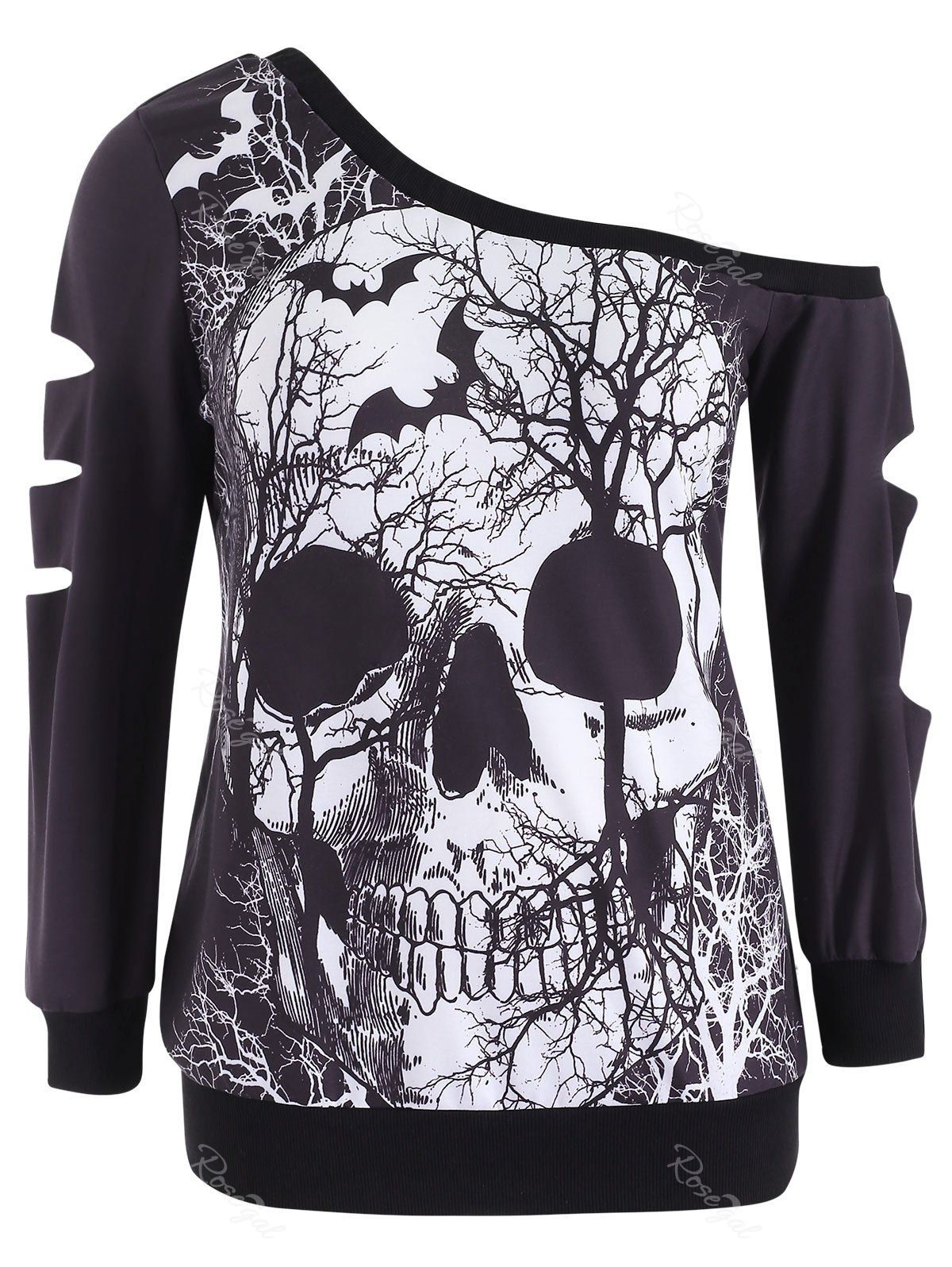 Outfit Halloween Skew Neck Plus Size Skull Pattern T-shirt  