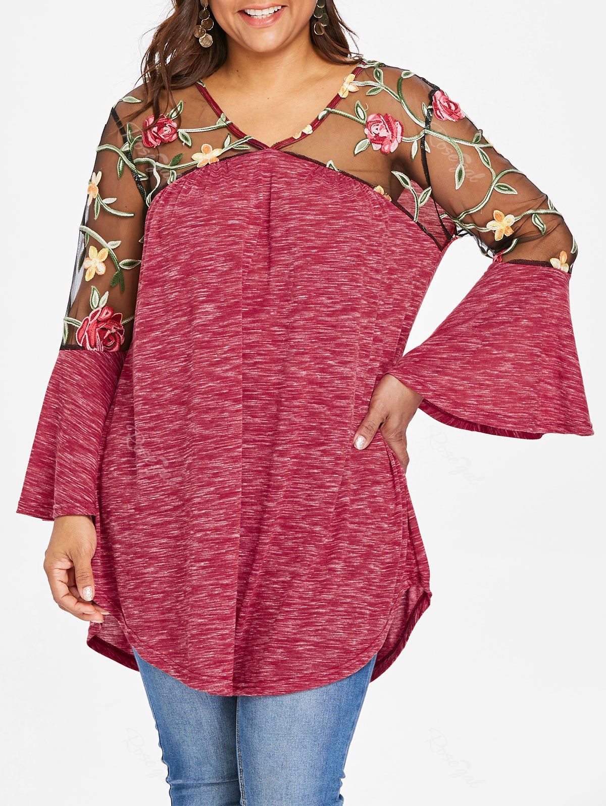 

Plus Size V Neck Embroidery T-shirt, Red