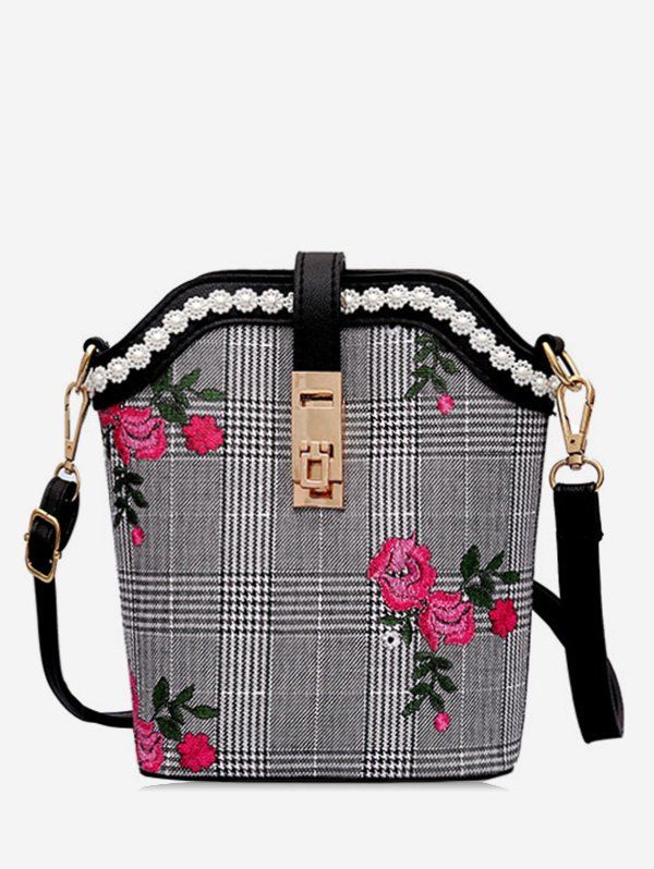 

Plaid Floral Embroidery Faux Pearl Chic Sling Bag, Black
