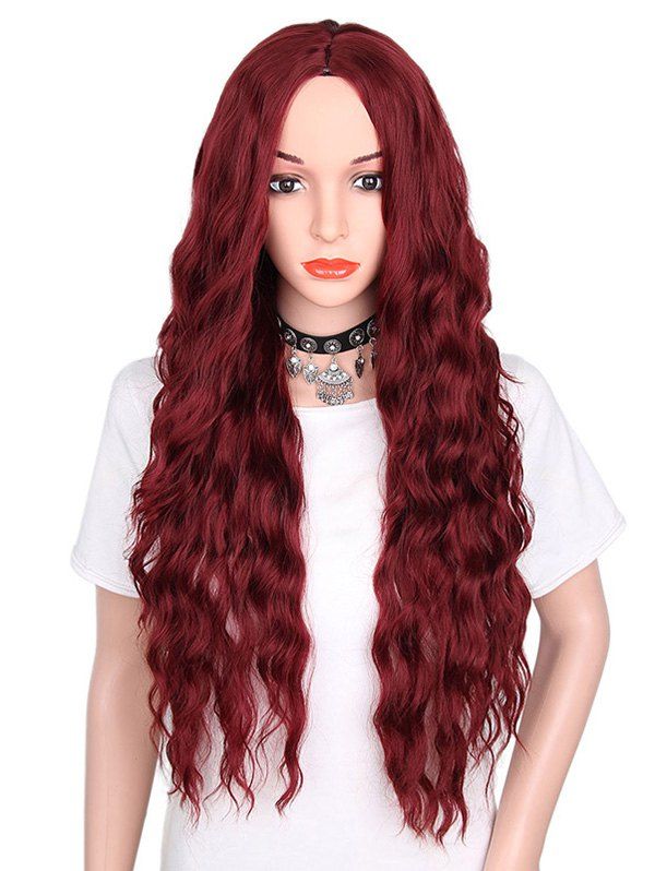 

Long Center Parting Natural Wavy Party Synthetic Wig, Red wine