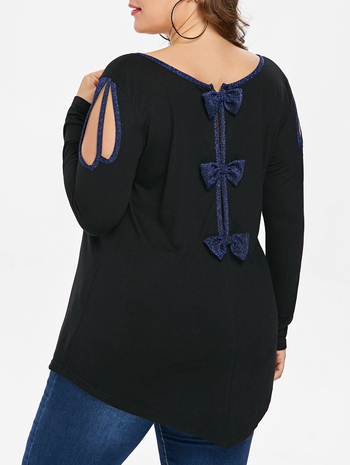 

Back Bow Tie Embellished Plus Size Cut Out T-shirt, Black