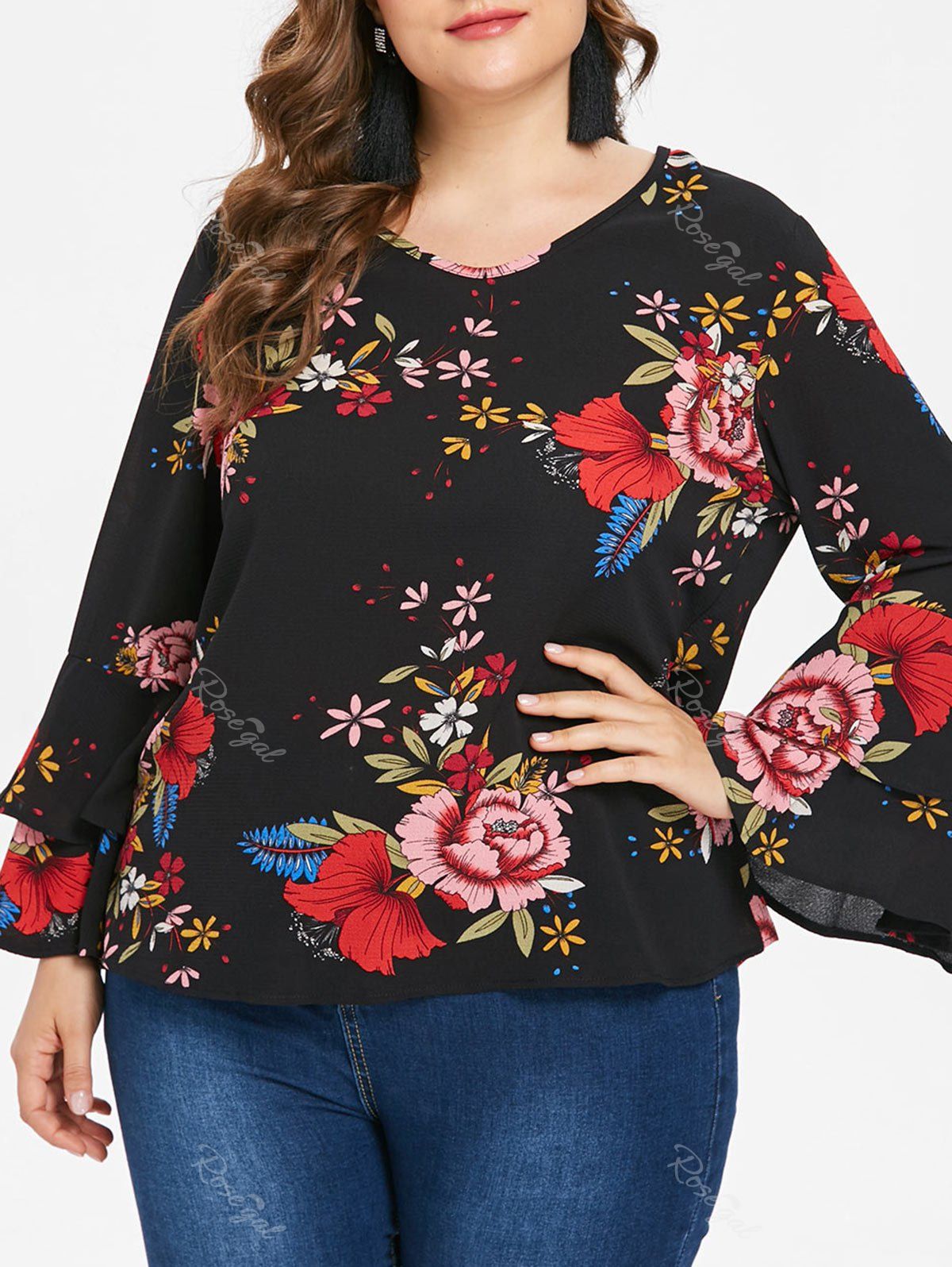 

Plus Size Layered Bell Sleeve Blouse, Black