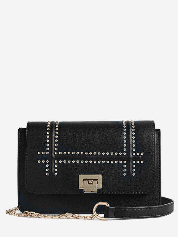 

Chic Flap Studs Metal Chain Sling Bag, Black