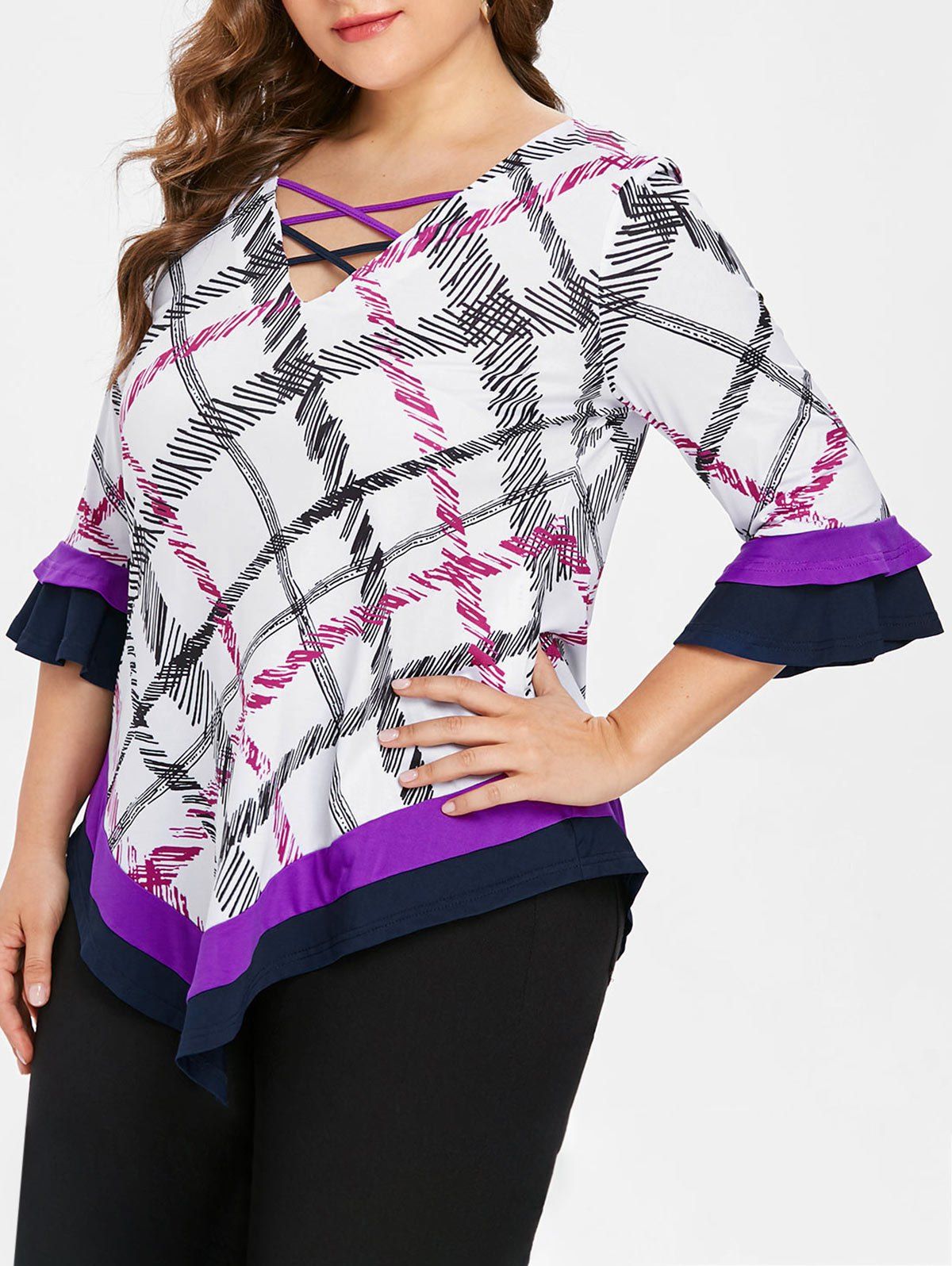

Plus Size V Neck Plaid T-shirt, Multi