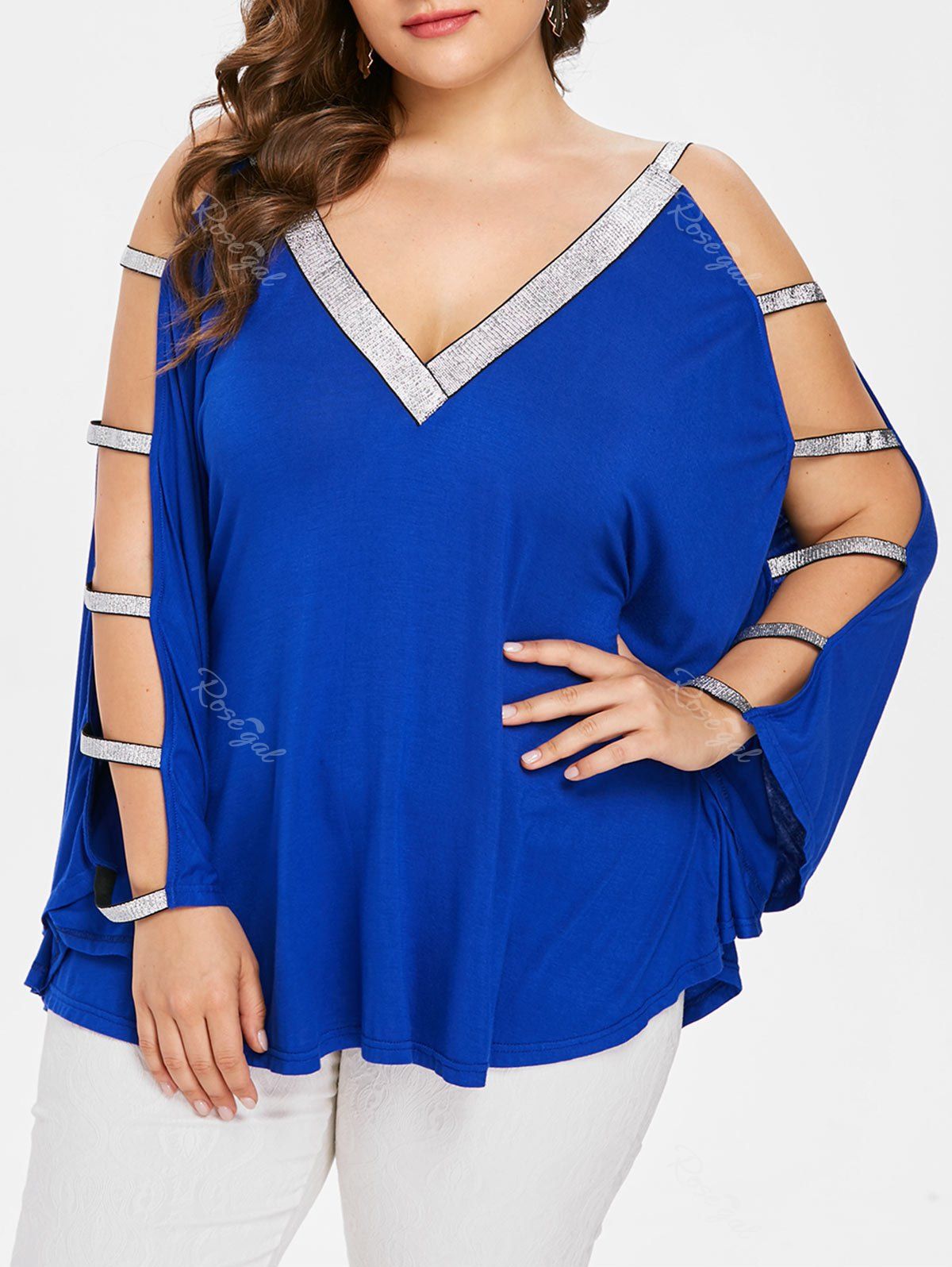 

Plus Size Ladder Cutout Batwing Sleeve T-shirt, Blue