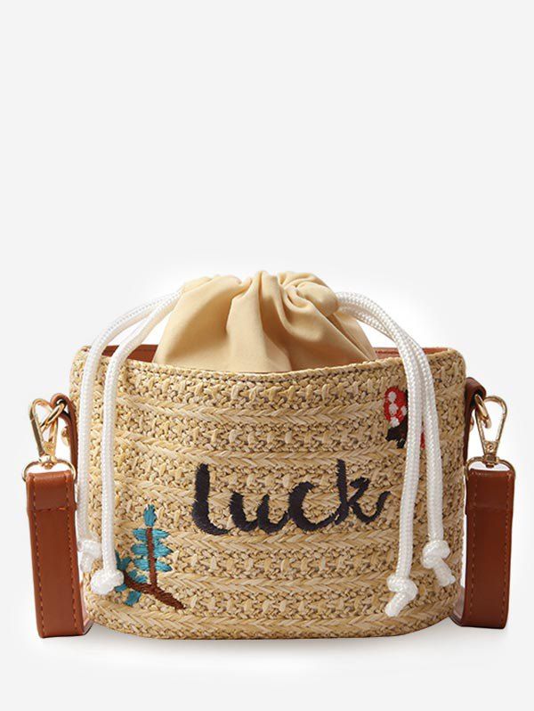 

String Patchwork Embroidery Leisure Straw Bag, Light khaki