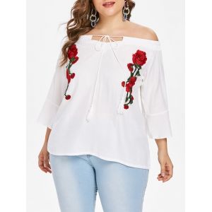 

Floral Embroidery Plus Size Off The Shoulder Blouse, Milk white
