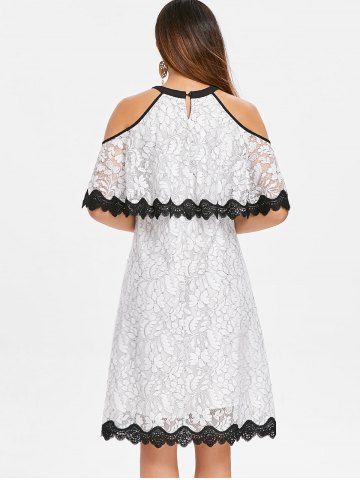 

Cold Shoulder Lace Trim Floral Swing Dress, White