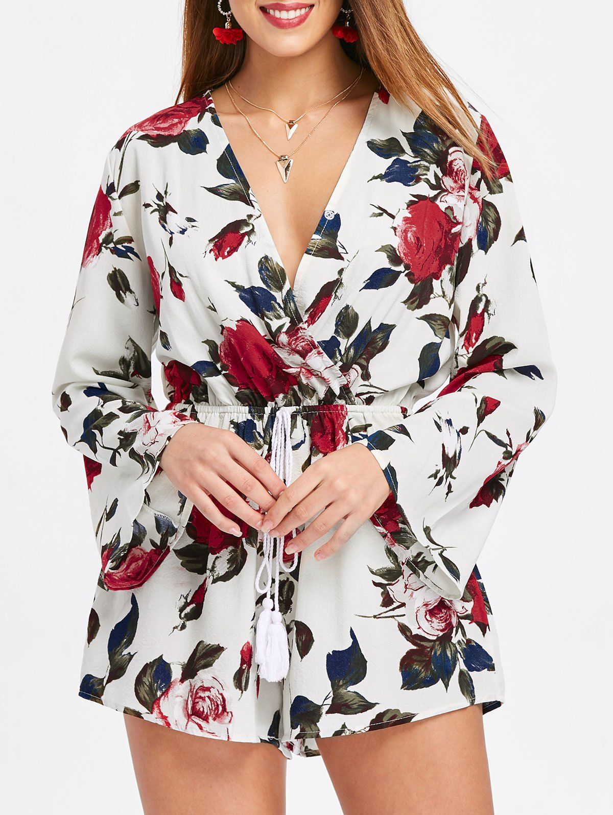 

Floral Print Surplice Neck Romper, Warm white