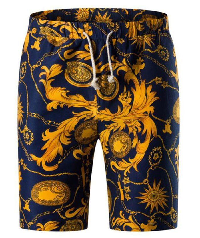 

Retro Floral Chain Print Drawstring Shorts, Gold