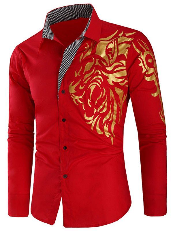 

Plaid Patchwork Dragon Print Casual Shirt, Red