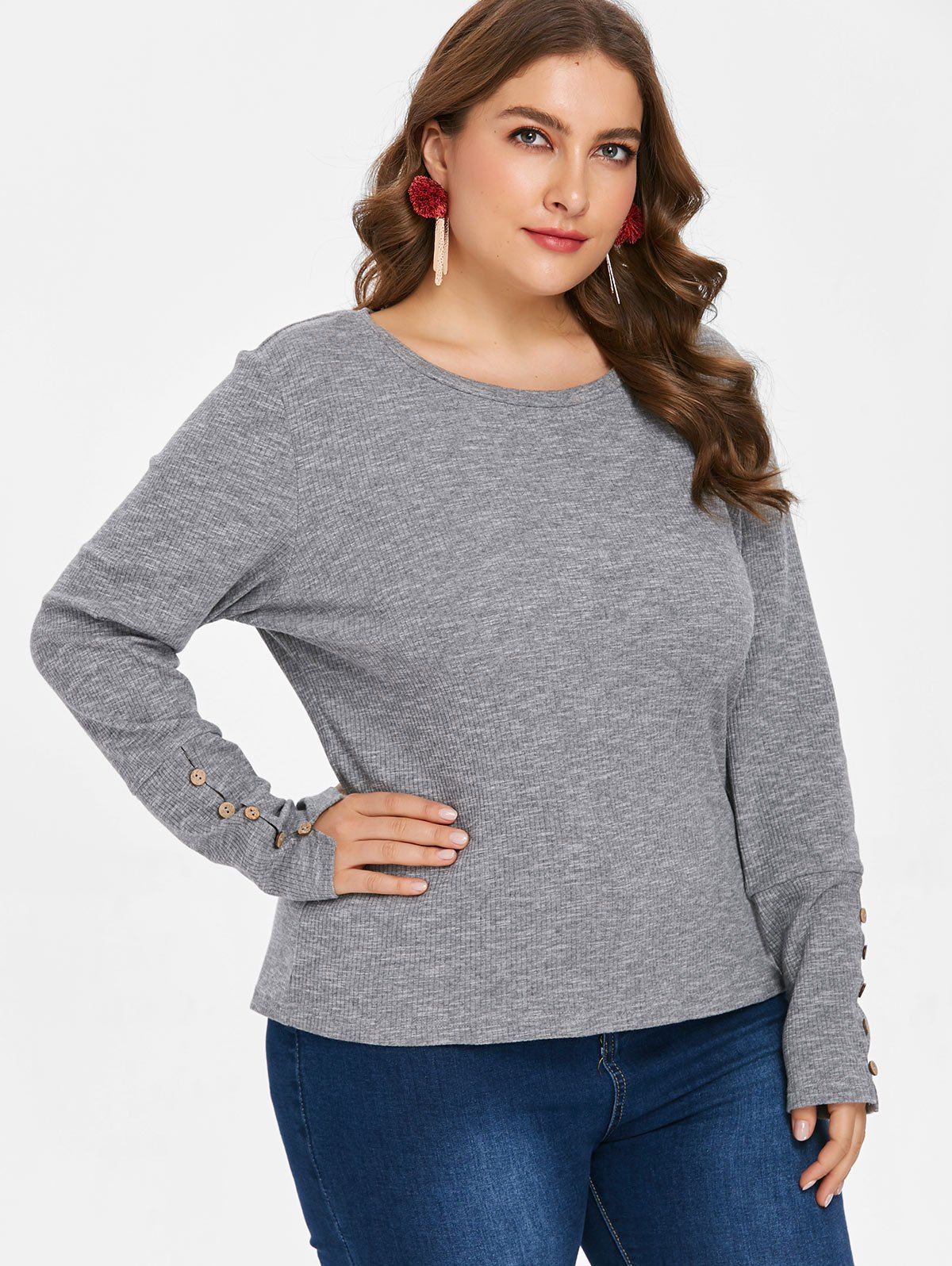 

Plus Size Long Sleeve Knit T-shirt, Gray cloud