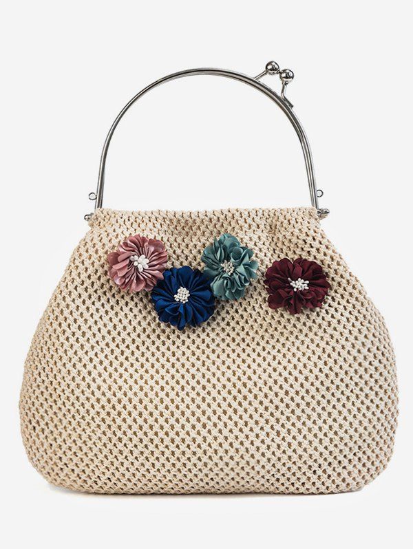 

Metal Handle Floral Leisure Vacation Straw Tote Bag, Beige
