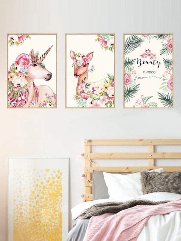 

Unicorn Deer Floral Print Wall Stickers for Bedroom, Multi