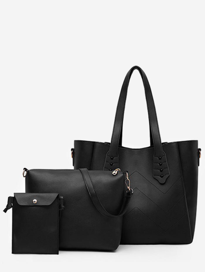 

Zigzag Stitching Minimalist 3 Pieces Shoulder Bag Set, Black