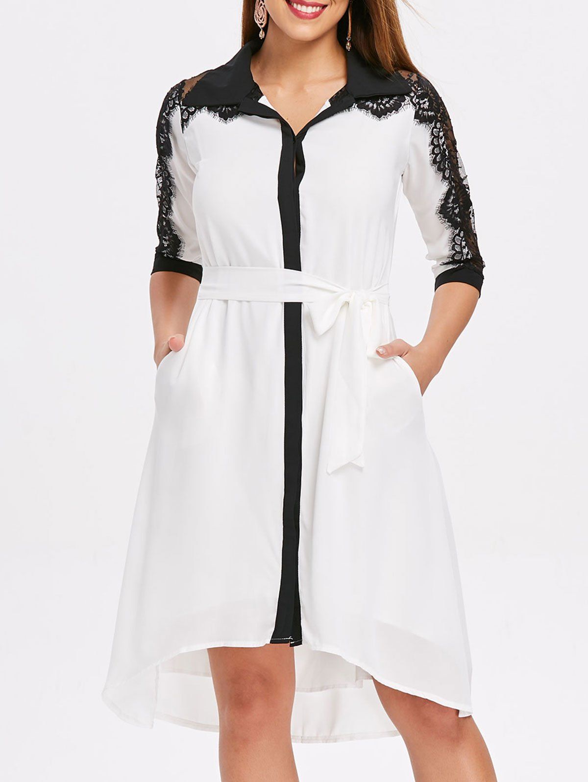 

Lace Panel Color Trim Chiffon Shirtdress, Milk white