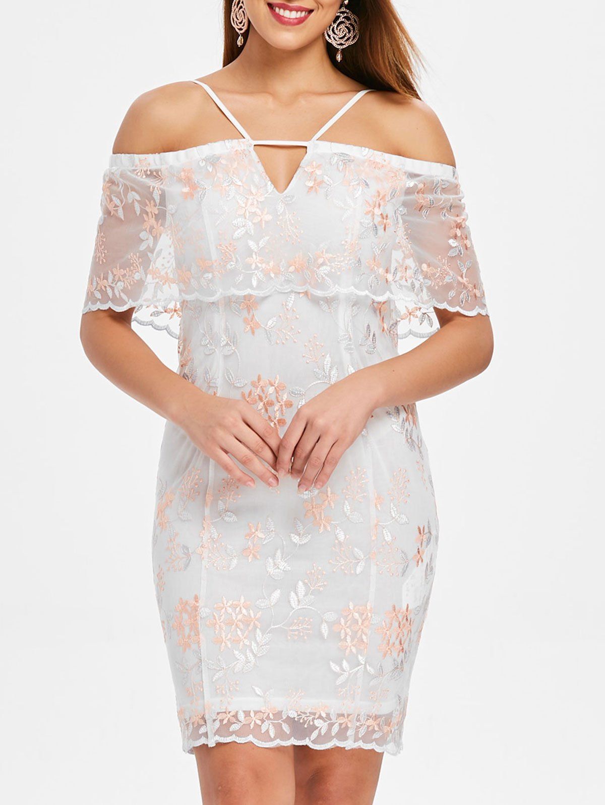 

Cold Shoulder Slim Embroidered Dress, Multi