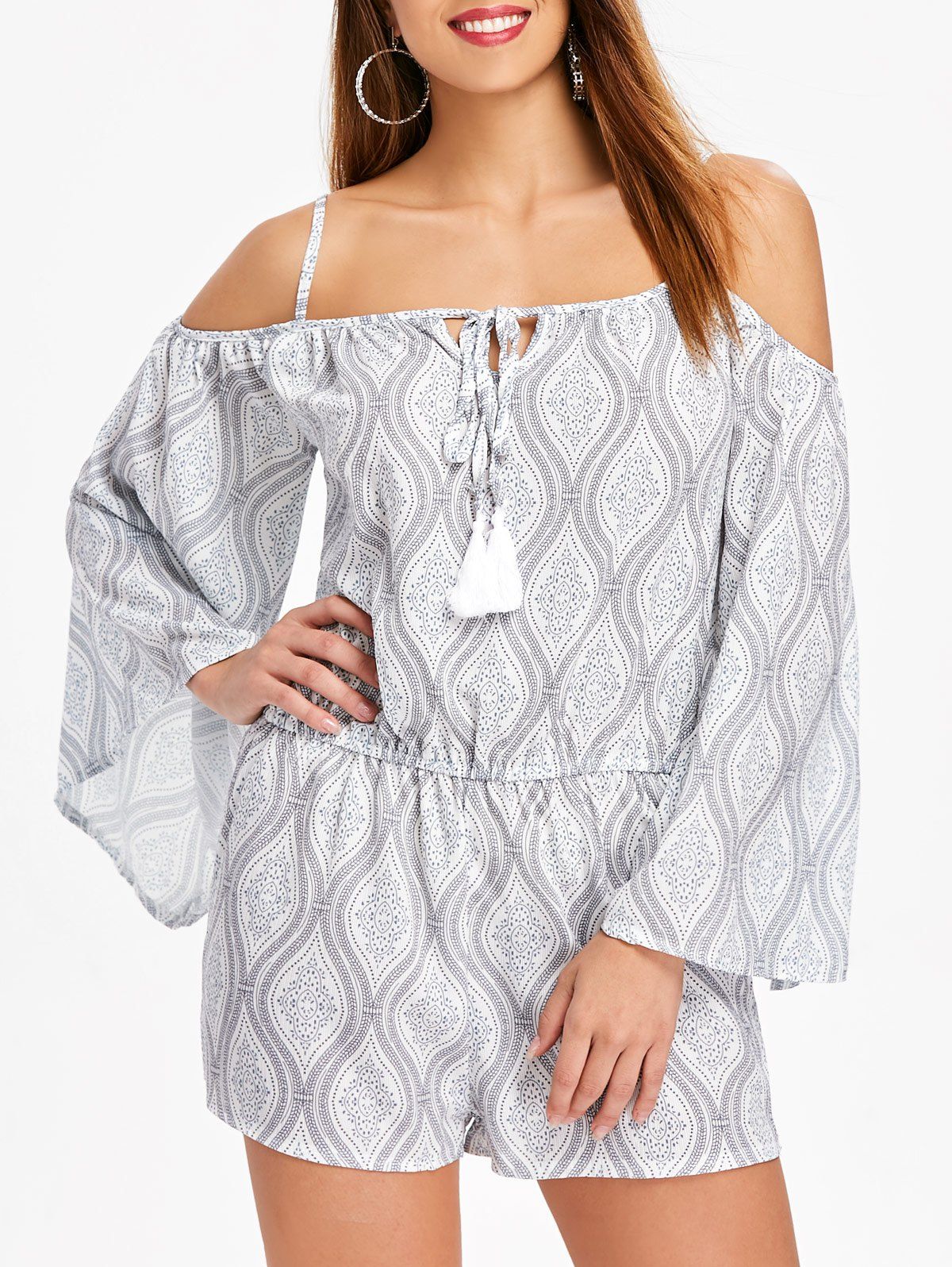 

Ethnic Print Flare Sleeve Romper, Gray