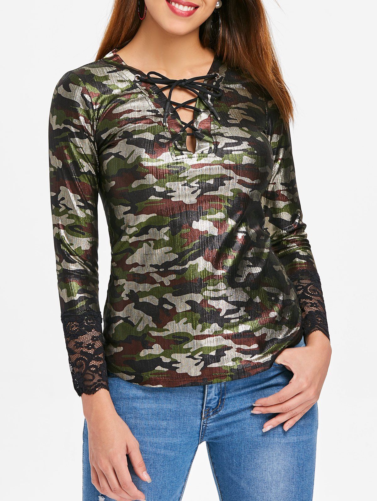 

Long Sleeve Lace Up Camouflage Top, Multi