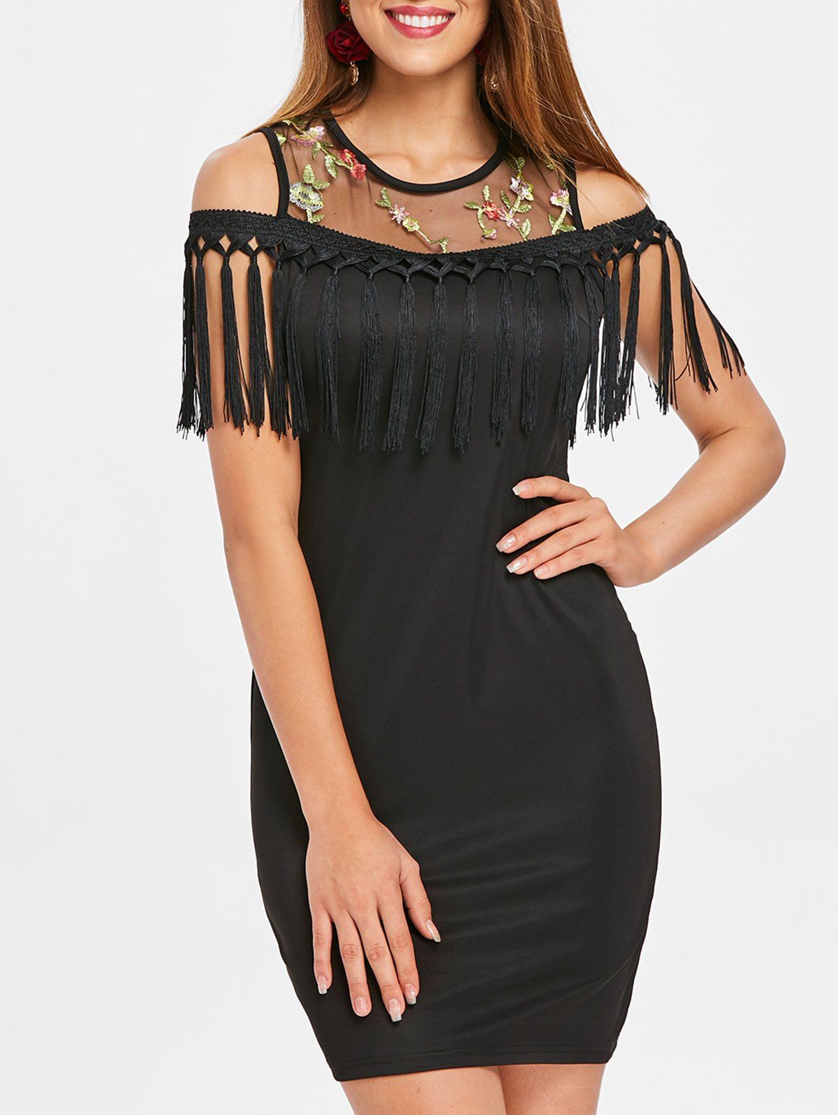 

Fringe Cold Shoulder Bodycon Dress, Black