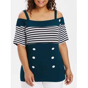 

Plus Size Striped Cold Shoulder T-shirt, Deep green