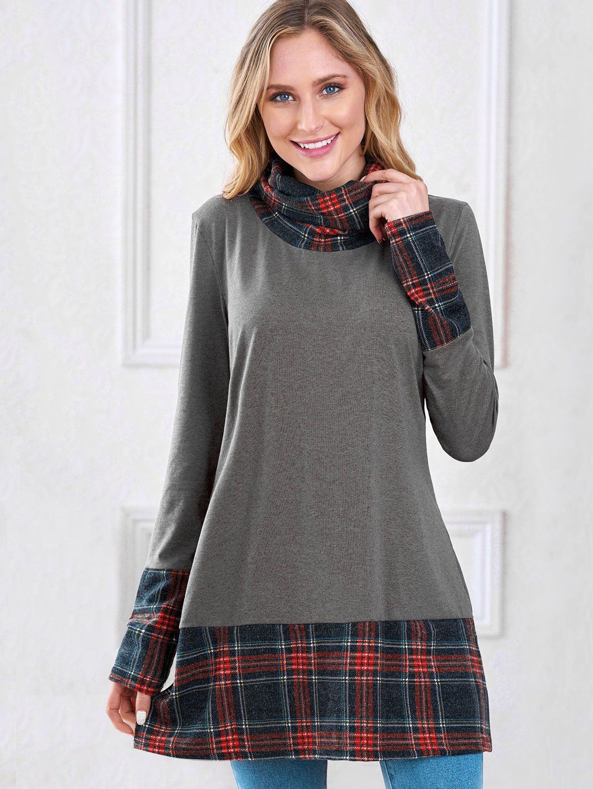 

Plaid Insert Turtleneck Sweatshirt, Gray