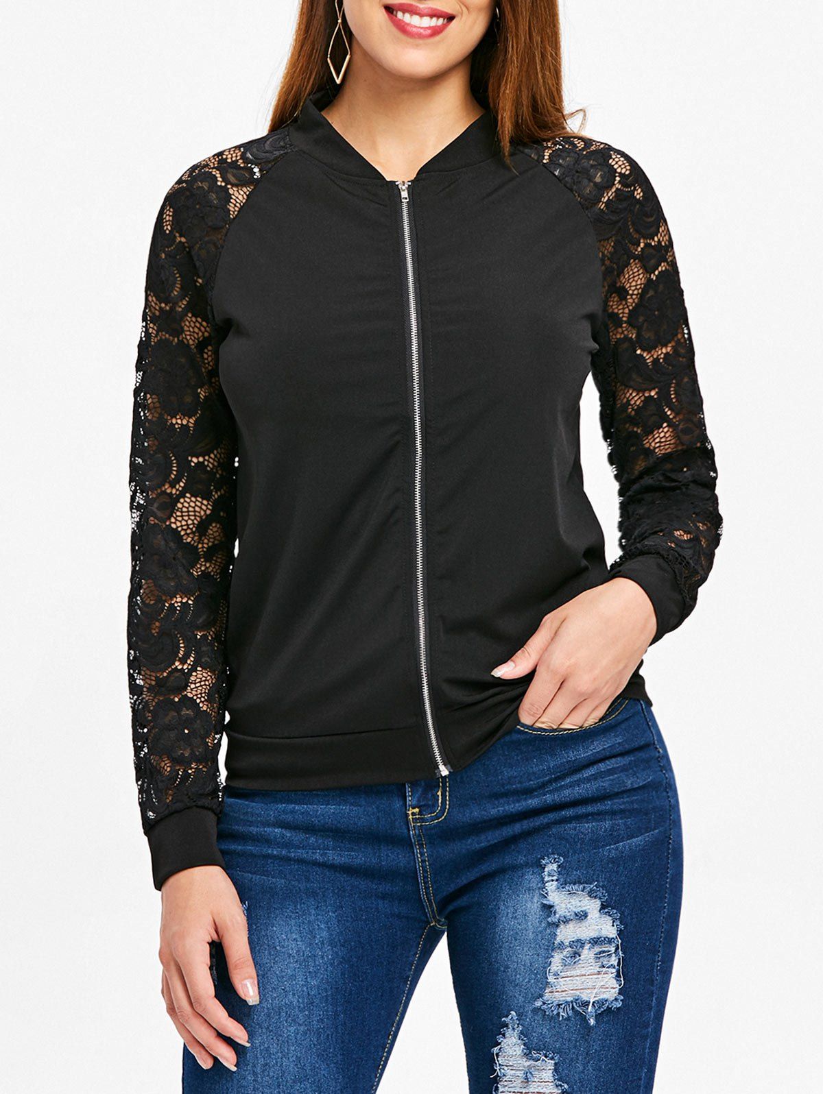 

Lace Sleeve Bomber Jacket, Black