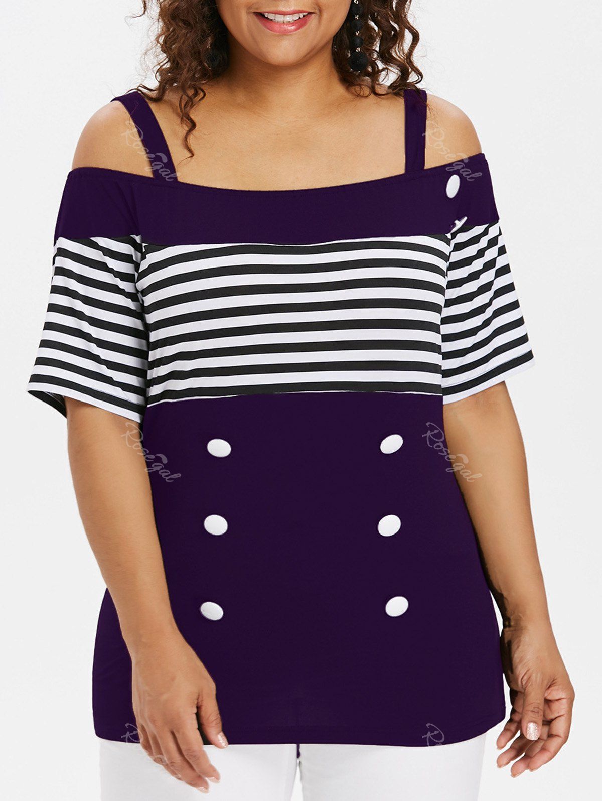 

Plus Size Striped Cold Shoulder T-shirt, Purple iris