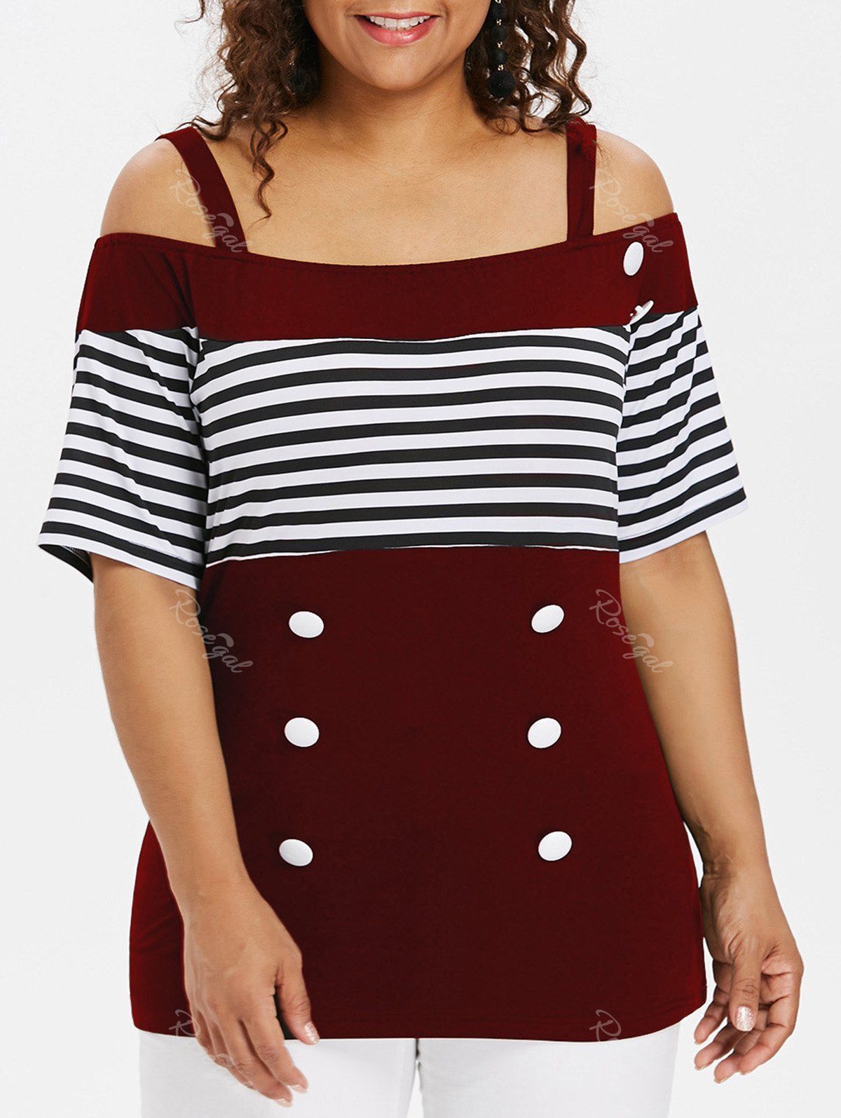 

Plus Size Striped Cold Shoulder T-shirt, Red wine