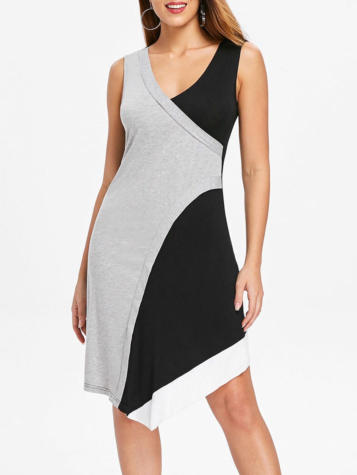 

Asymmetric Color Block Overlap Dress, Light gray
