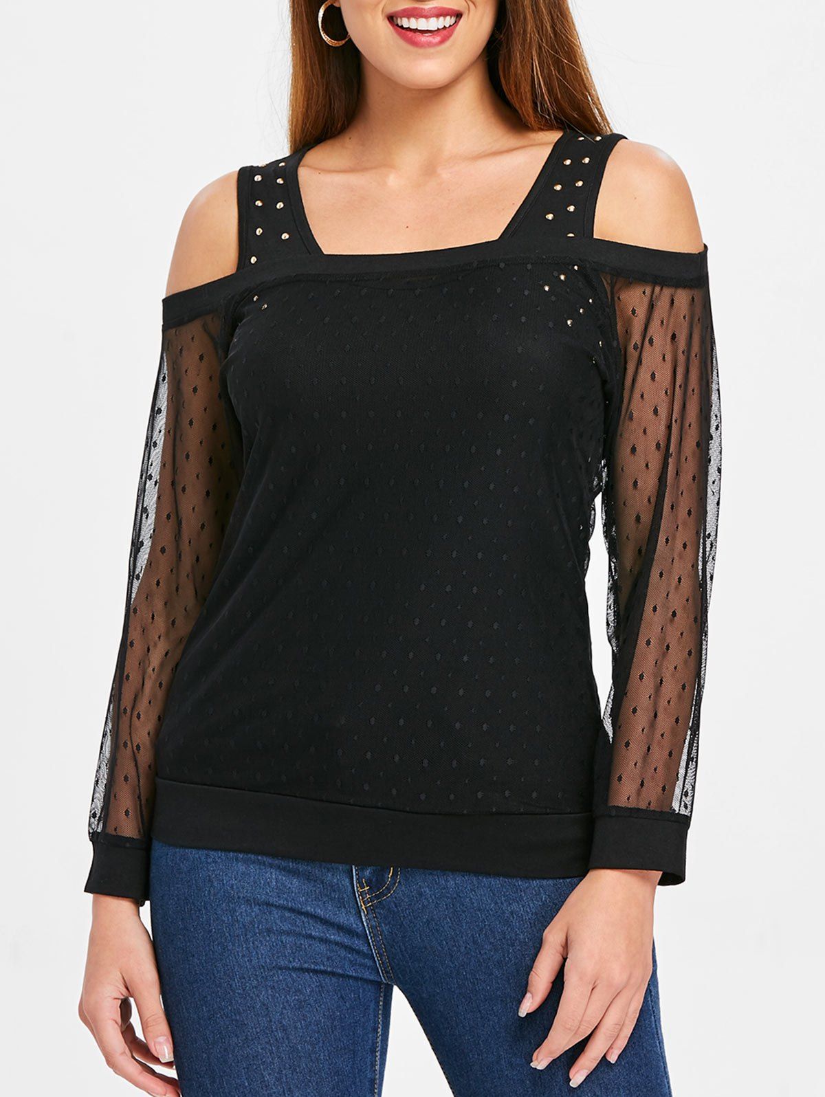 

Long Sleeve Cold Shoulder Blouson Blouse, Black