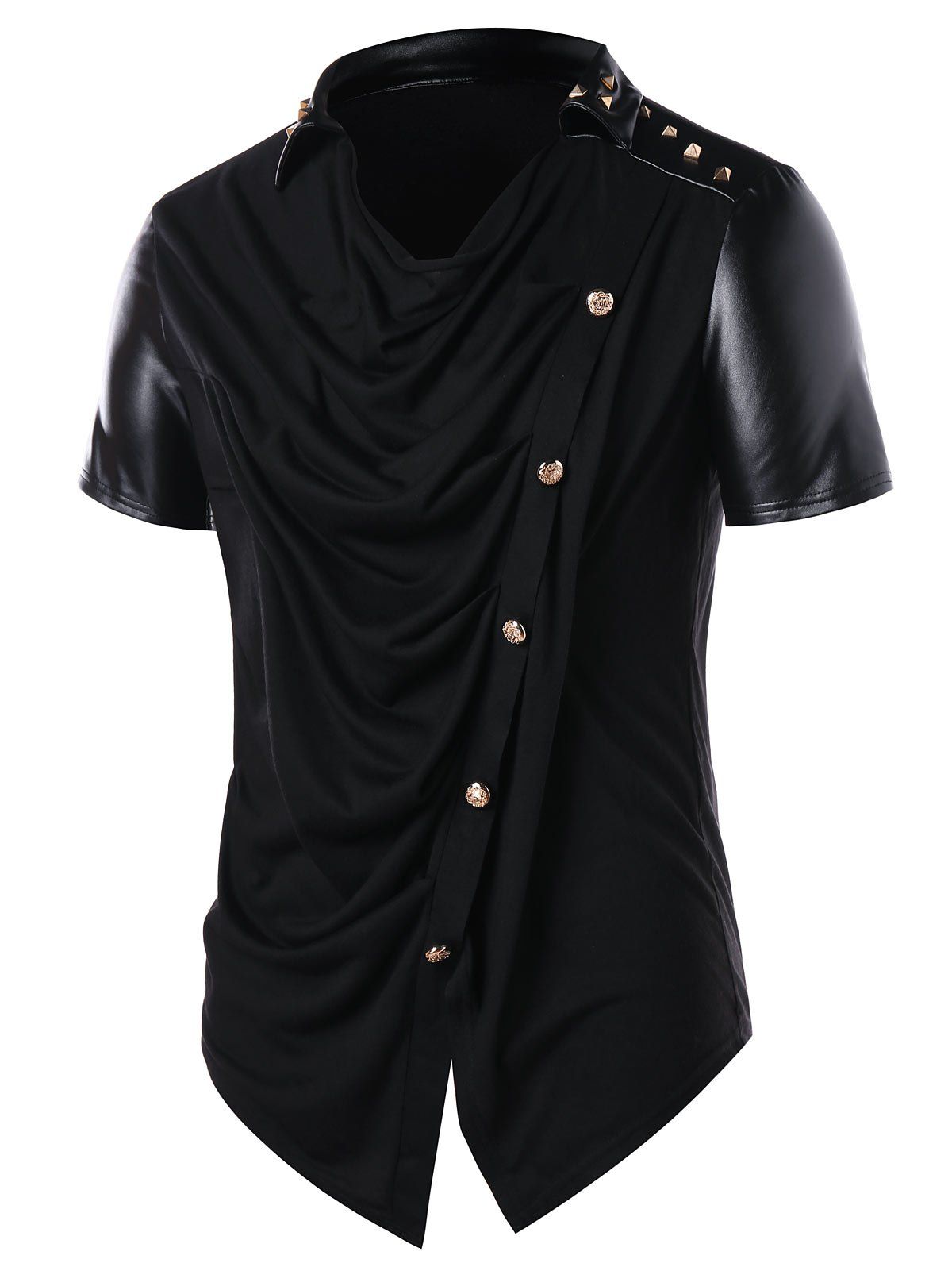 

PU Leather Panel Accordion Pleat T-shirt, Black