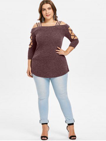 

Plus Size Open Shoulder Knitted Slim T-shirt, Blood red