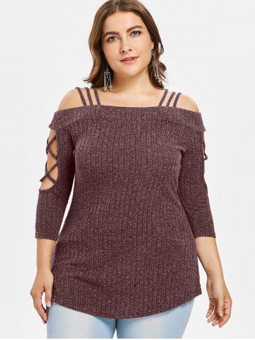 

Plus Size Open Shoulder Knitted Slim T-shirt, Blood red