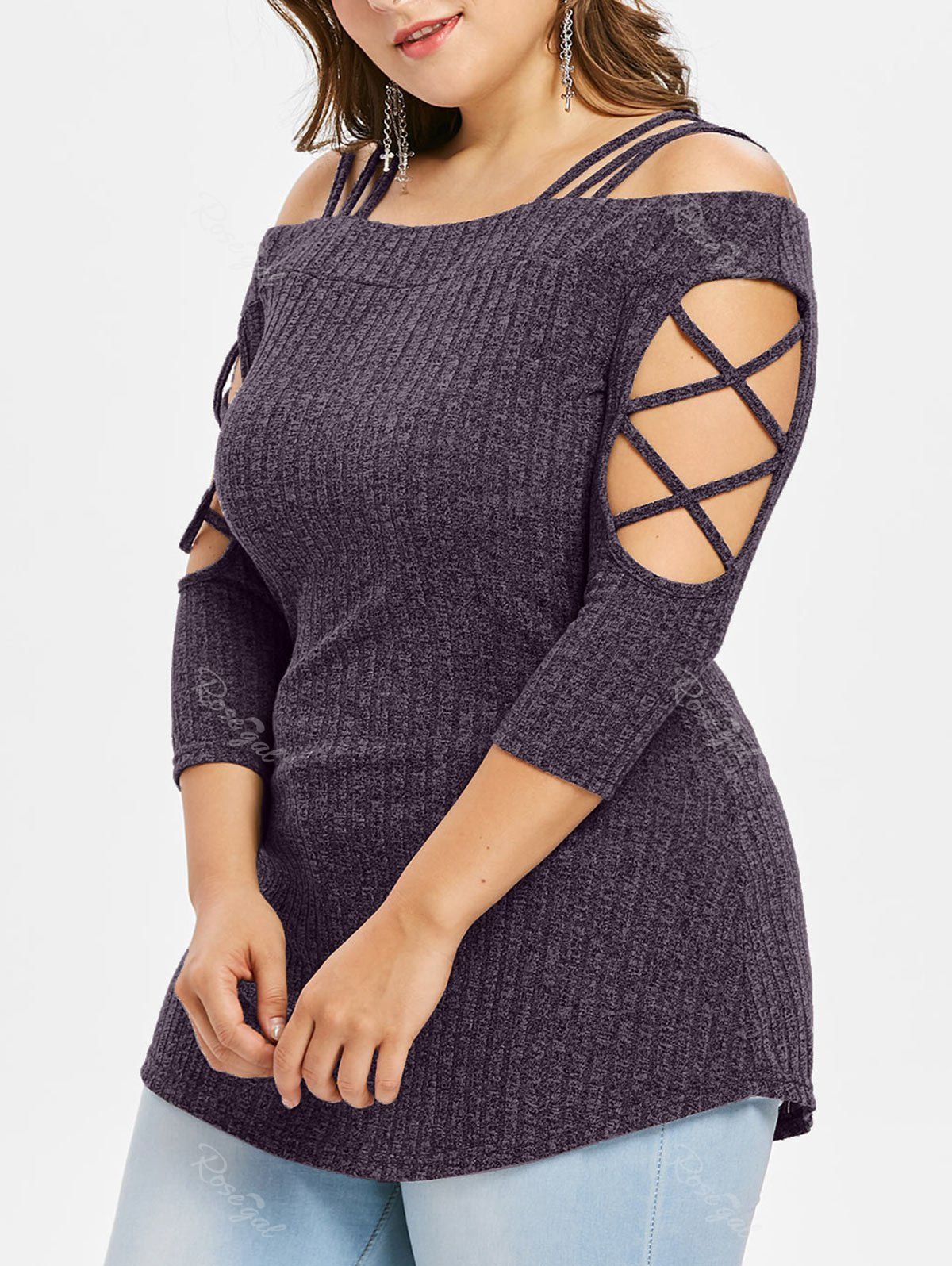 2019 plus size open shoulder geometric t shirt