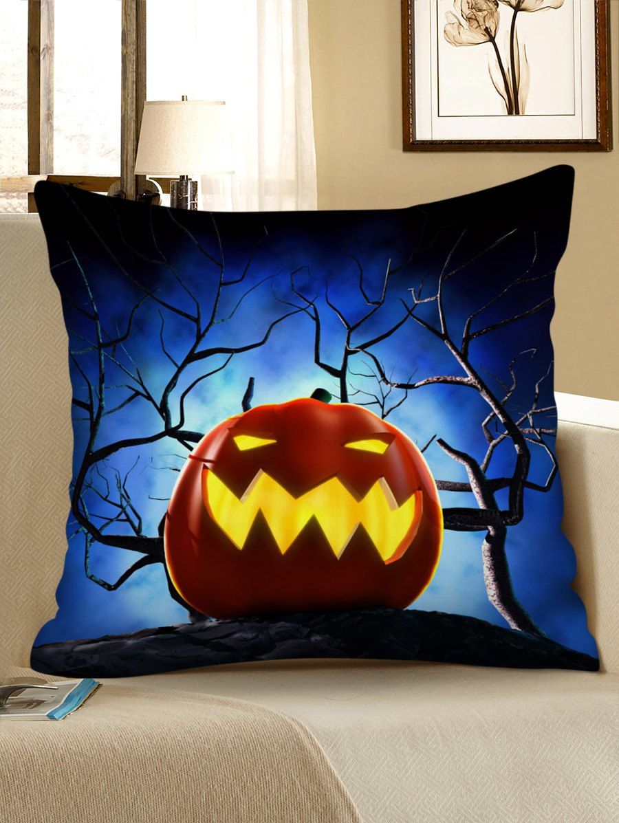 

Halloween Night Pumpkin Printed Throw Pillow Case, Sapphire blue