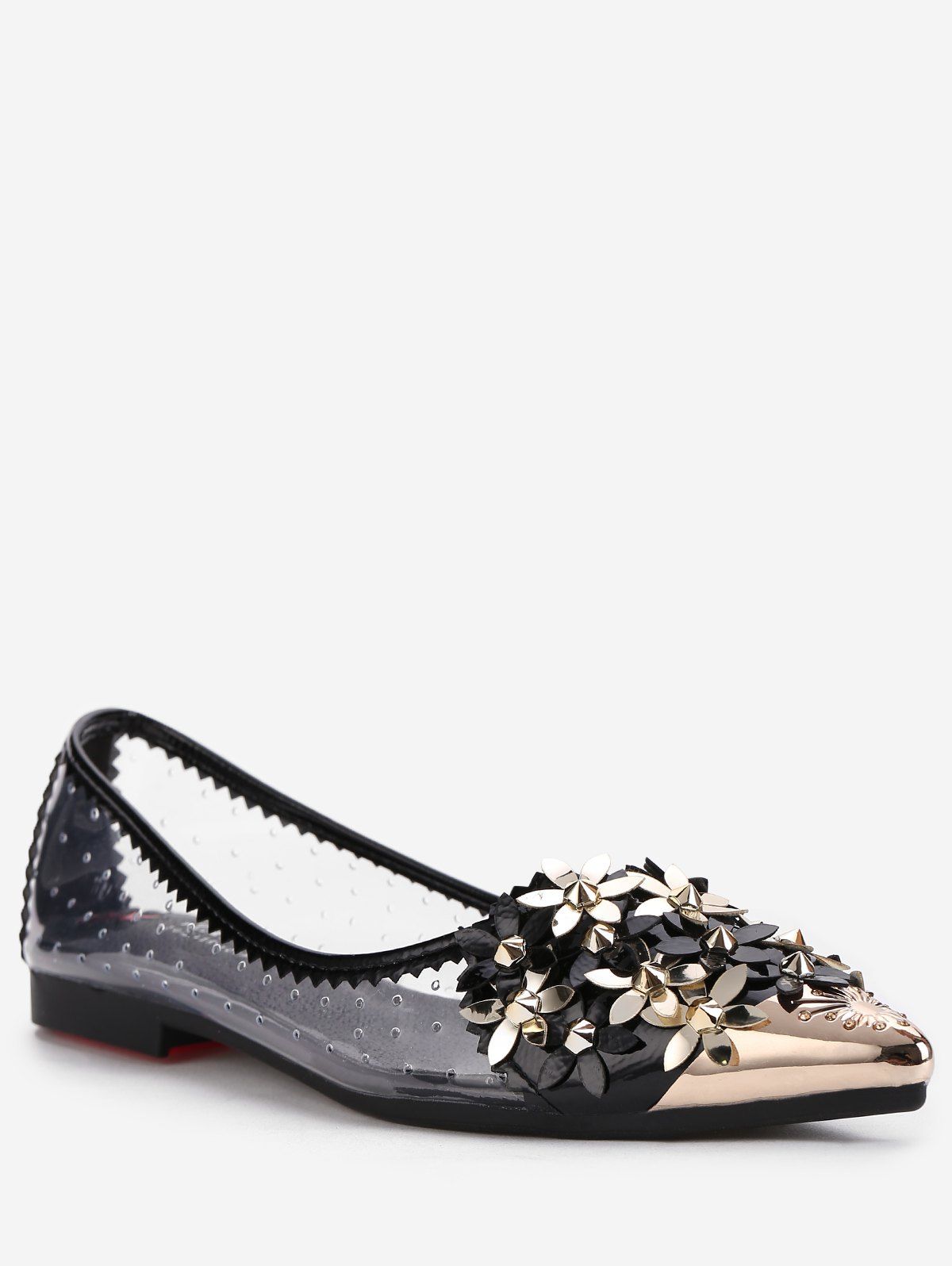 

Metallic Pointed Toe Scallop Flower Crystals Studded Flats, Black