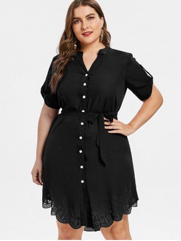 

Laser Cut Button Up Plus Size Dress, Jet black