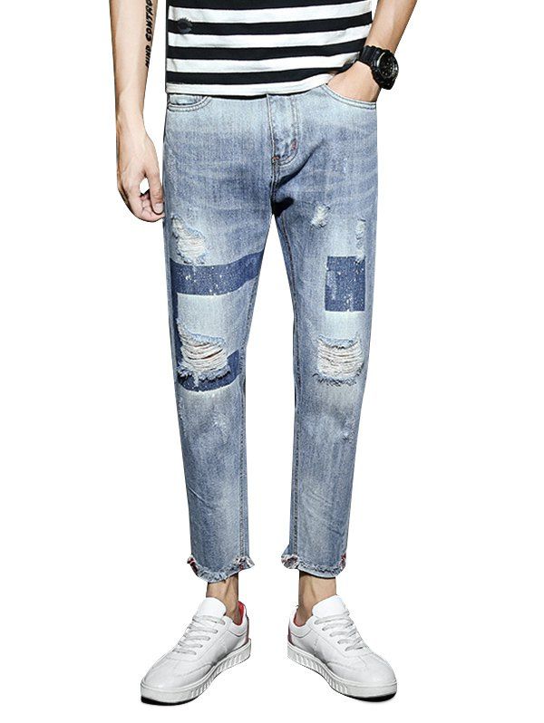 

Light Wash Destroyed Geometric Print Jeans, Crystal blue
