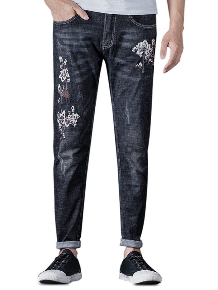 

Zip Fly Embroidery Flower Jeans, Black