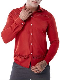 Openwork Solid Color Long Sleeve Shirt - RED - S