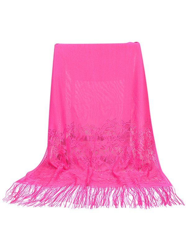 

Vintage Floral Lace Fringed Silky Scarf, Rose red