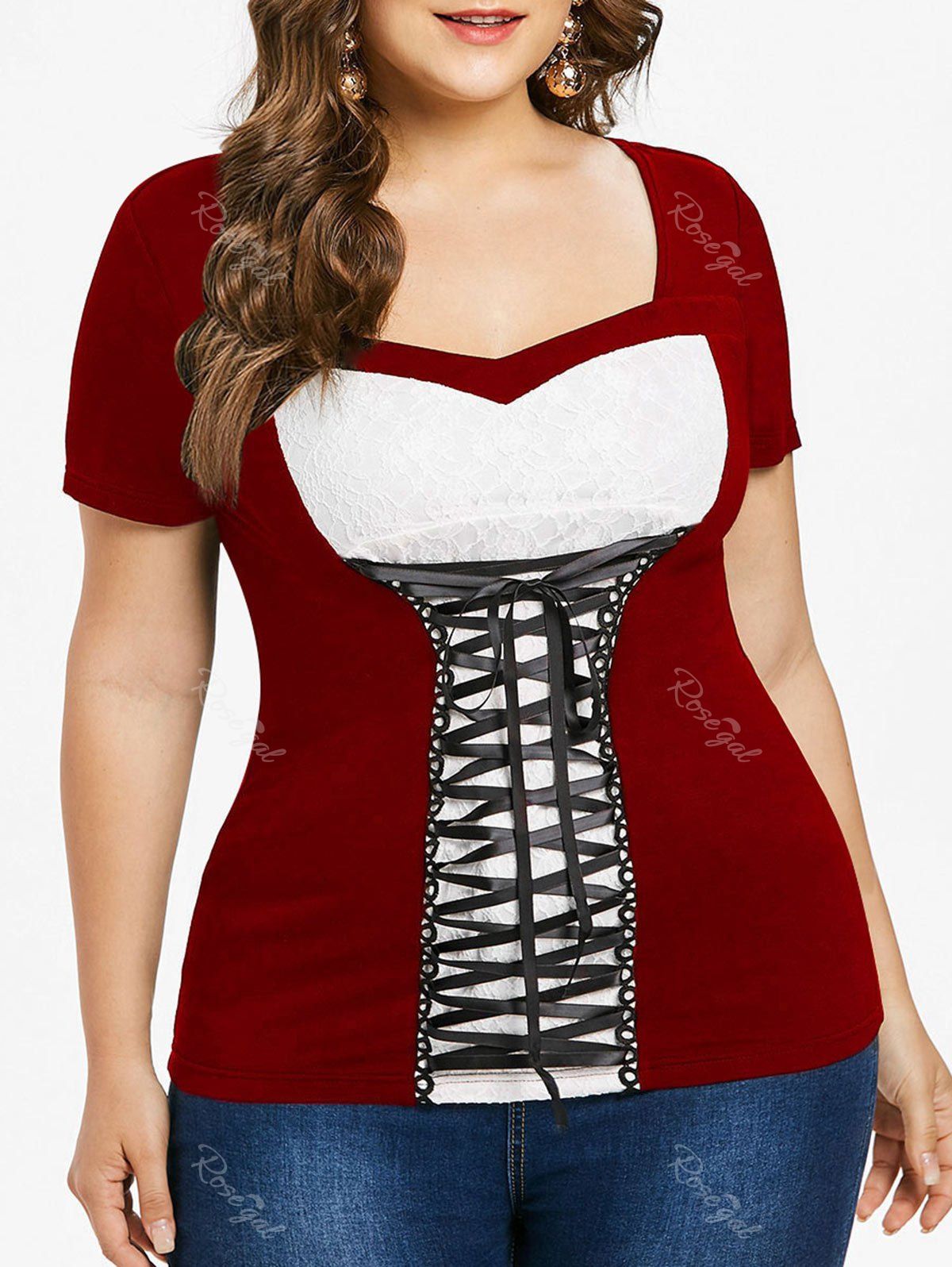 

Lace Up Plus Size Sweetheart Neck T-shirt, Red wine