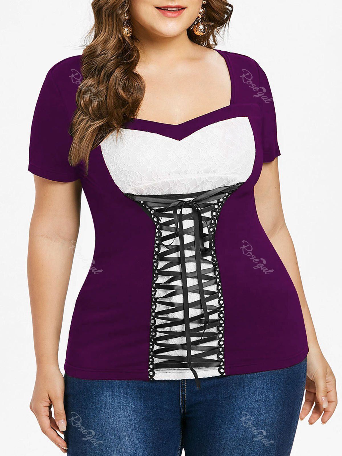 

Lace Up Plus Size Sweetheart Neck T-shirt, Purple